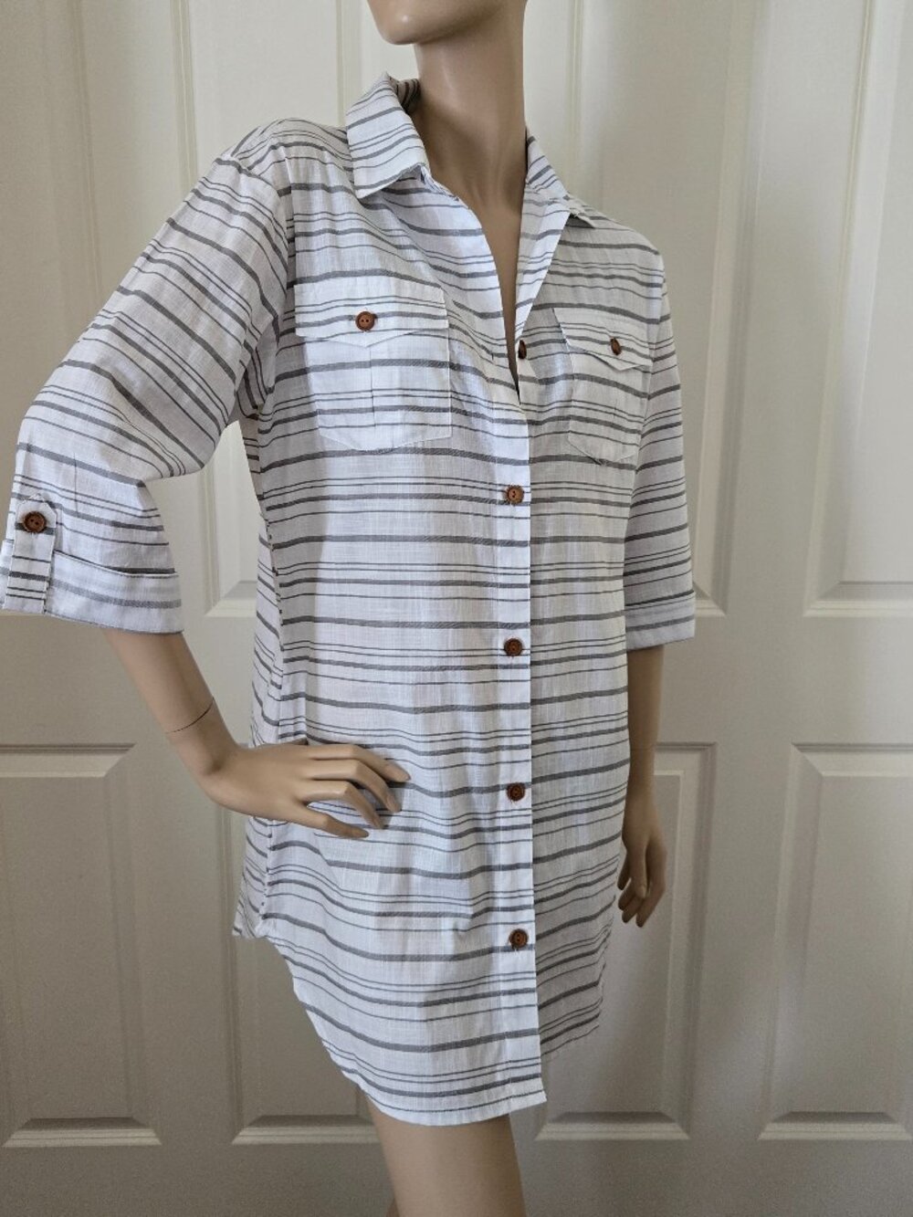 Dotti Shirt Dress Swim Cover Up SZ S Gray & White Stripe
